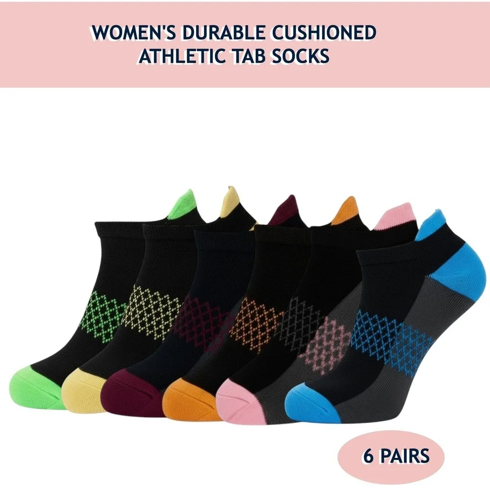 Colorful Athletic Women's Socks 6 PACK Tab Low Cut High Quality NEW 8-11